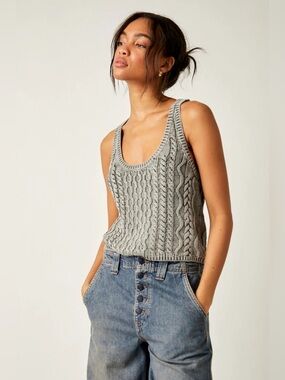 Free People High Tide Cable Tank Top in Grey Chambray Sky Size L cropped